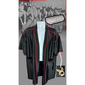 PLAYBOY Licensed Logo Bunny Robe — Red & Black Silky Polyester